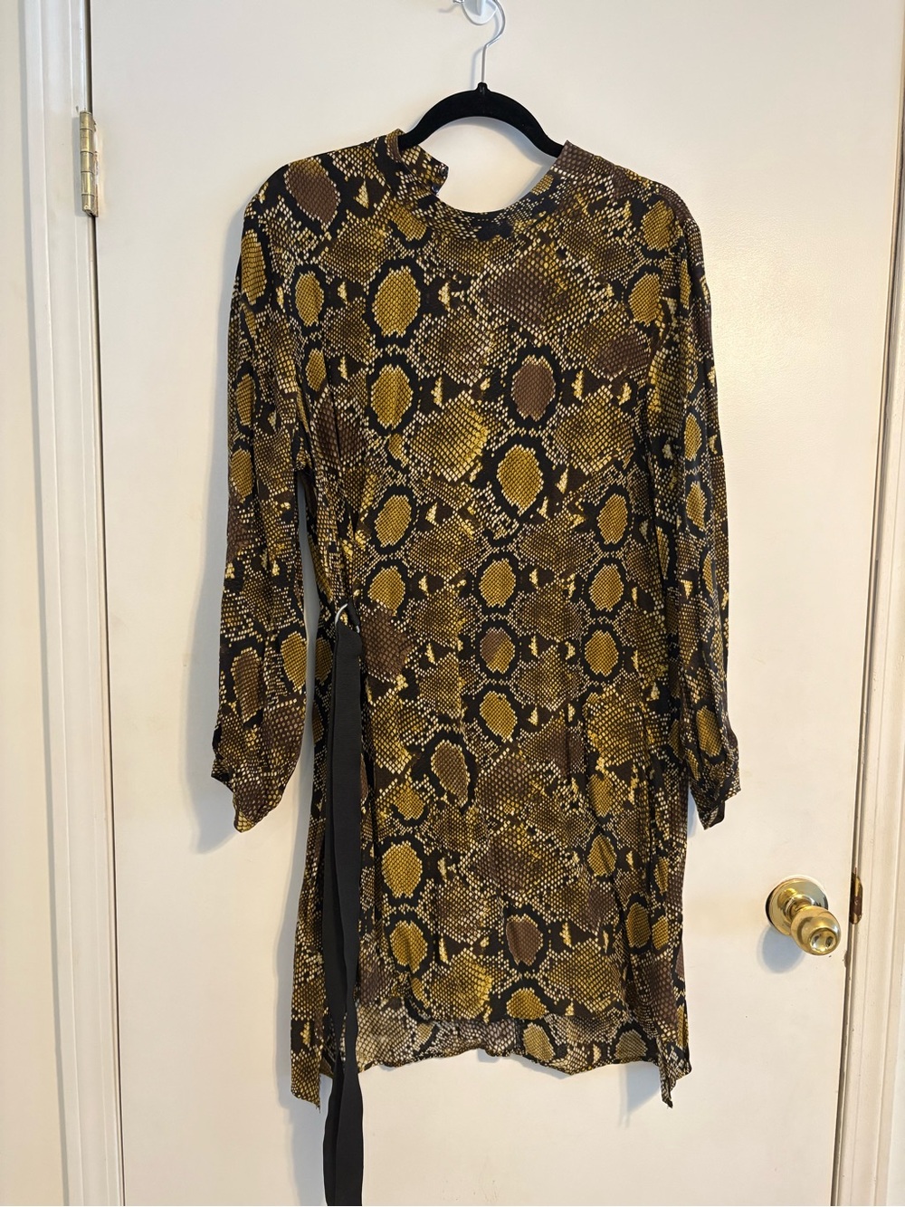 Zara Snake-Print Long Sleeve Dress in Mustard and Brown